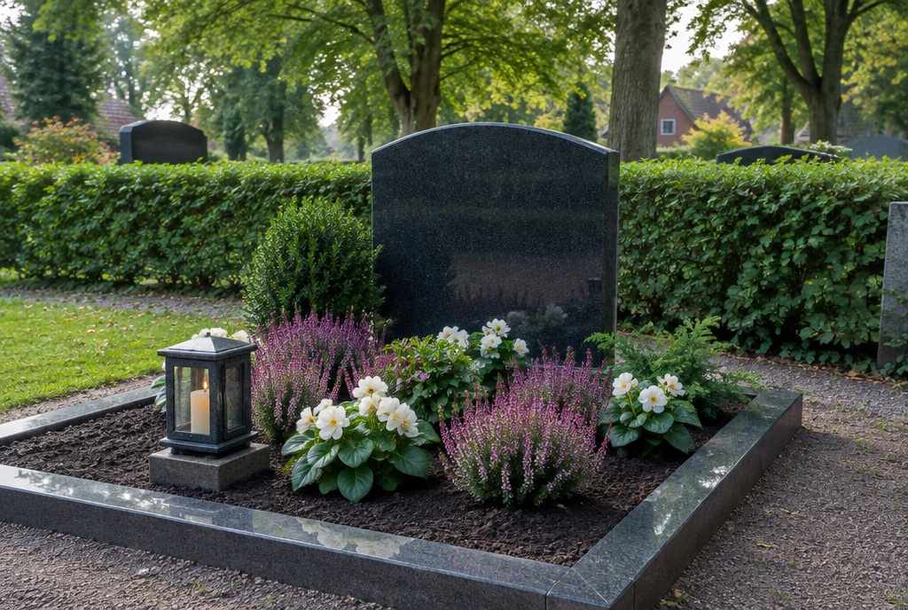 Gepflegtes Grab mit Heide, weißen Blüten und Grablaterne
