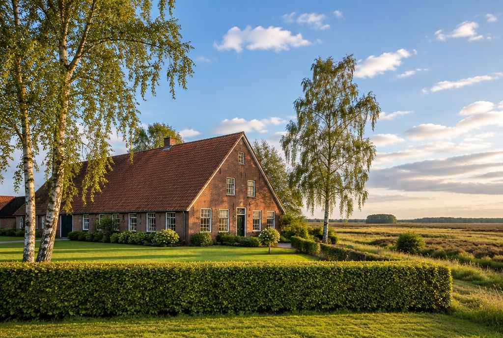 Klinkerhof mit gepflegtem Rasen, Hecke und Birken in der flachen Landschaft des Nordwestens